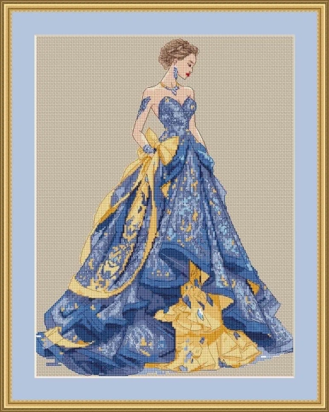 Cross stitch pattern embroidery Ballroom dress yellow-blue / download digital pattern pdf