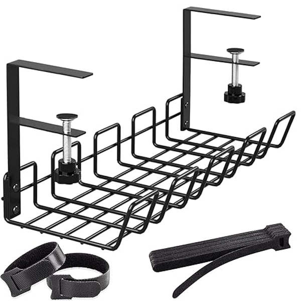 Under Desk Cable Management Tray, No-Drill Under Desk Cable Organizer for Wire Management with 20 PCS Reusable Cable Ties Metal Cord Organizer Rack for Office and Home (Long Arm, Black)