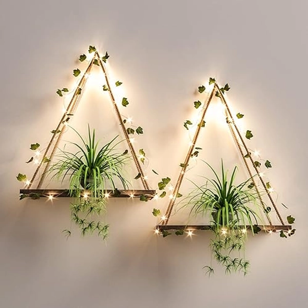 Ivy LED-Strip Wall Hanging Shelves Set of 2, Macrame Shelf for Bedroom Bathroom Living Room Kitchen, Wood Hanging Plant Shelves for Wall Décor