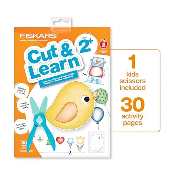 Fiskars Toddler Scissor Skills Activity Book with Child-Safe Starter Scissors, Ages 2+ (30 Pages), Cut & Learn Coloring Book, Gifts for Kids