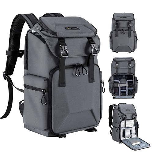 K&F Concept Camera Backpack, Hard Shell Camera Bag, Large Capacity Photography Backpack with 15.6" Laptop Compartment & Tripod Holder & Rain Cover, Backpack for DSLR SLR Cameras and Accessories -  25L - Grey