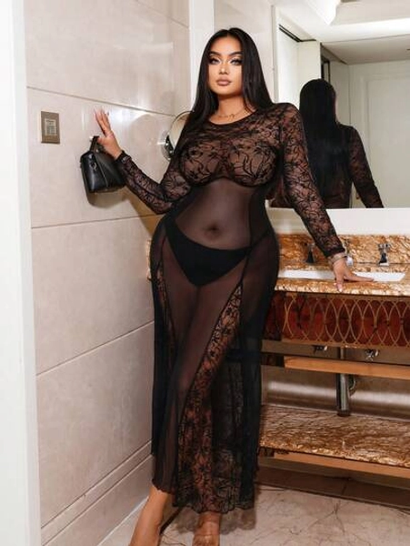 NU&NOW Plus Sheer Mesh Sexy See Through Dress Without Lingerie Set Maxi Women Outfit