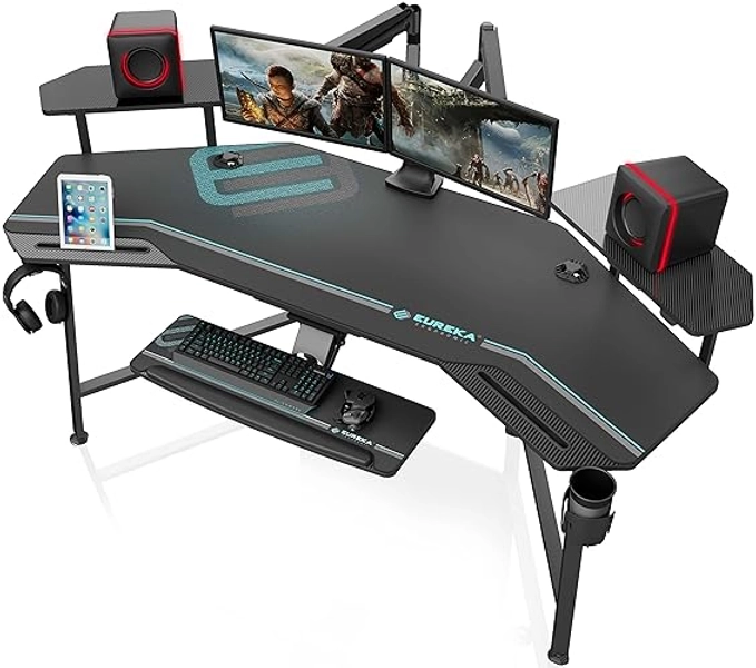 EUREKA ERGONOMIC Gaming Tisch mit LED 182x76cm Groß Gaming Schreibtisch in Flügelform PC Computertisch mit Tastaturablage,2 Monitorständer,Kopfhörerhaken für Home Office Studio Live-Streaming
