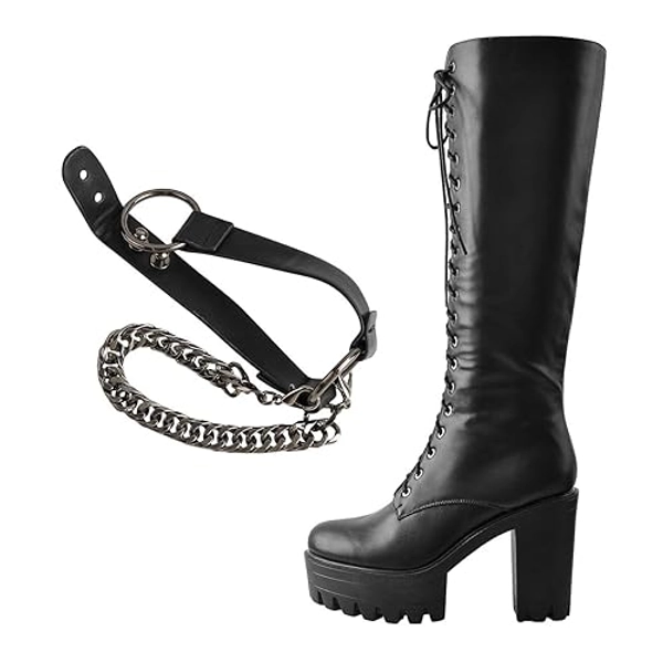 LISHAN Boots for Women, Lace Up Platform Chunky High Heel Motorcycle Combat Knee High Boots