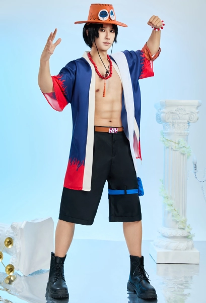 One Piece Portgas D· Ace Cosplay Costume Kimono Top and Shorts Set with Hat