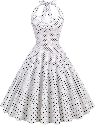 BI.TENCON 1950s Halter Style Vintage Polka Dot Swing Party Dress - Small - White Black Mini Dot