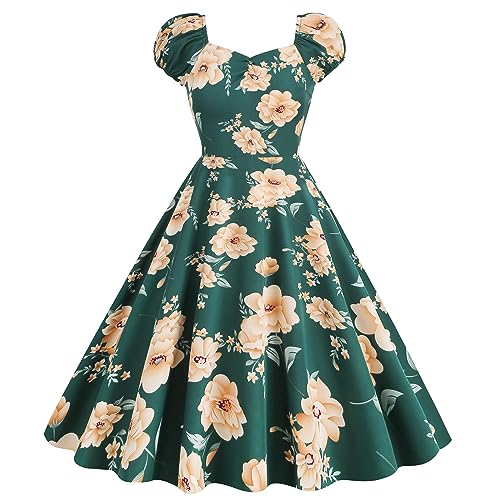 1950s Dresses for Women Vintage Tie Shoulder Dress Floral Print Swing A Line Midi Summer Dress Cocktail Party Prom Gown - Small - Dark Green