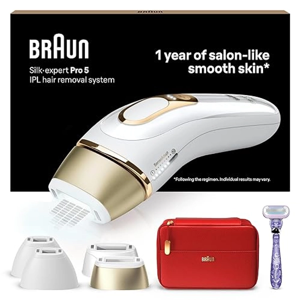Braun IPL Silk-Expert Pro 5, IPL Hair Removal Device, Permanent Visible Hair Removal, 1 Wide & 2 Precision Heads & Venus Razor, Alternative For Laser Hair Removal, Gift For Women, PL5387, White/Gold