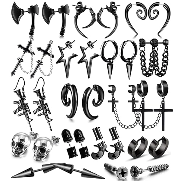 16 Pairs Stainless Steel Punk Y2K Black Dangle Earrings for Men, Axe Skull Screw Cone etc Huggie Hoop Long Chain Piercing Hoop Earrings Set for Unisex Earrings for Women