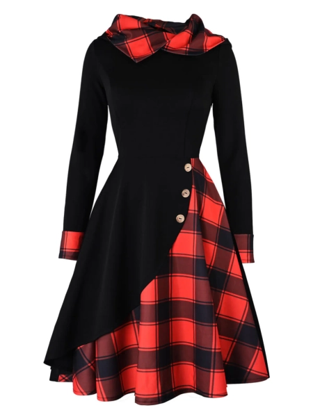 Black 1950s Plaid Hooded Button Dress | Black&Red / XXL / 14