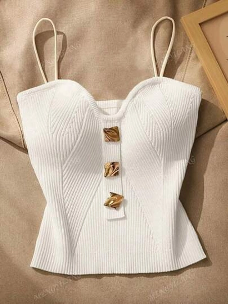 Women's Solid Color Simple Knitted Camisole Top, Fitted French Style Elegant Knit Camisole, Hawaii Chic Summer