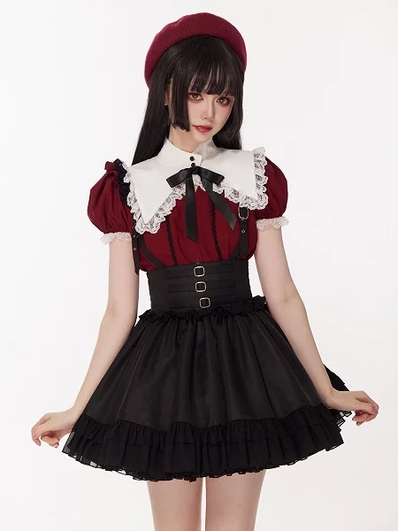 [$39.00]Dark Red Jirai Kei Puff Short Sleeves Blouse with White Separated Collar