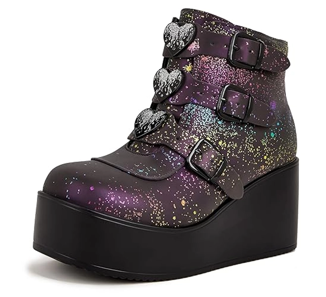 LUCKY STEP Women Platform Chunky Ankle Boots - Round Toe Zipper Wedges High Heels Rave Buckle Thick Sole Goth Booties