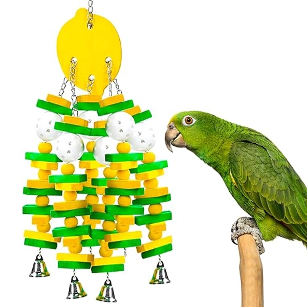 MEWTOGO Parrot Toys, Safe Healthy Parrots Cage Chewing Toy with Colorful Wood Blocks Crisp Bells for Macaws African Grey and Amazon Parrots (Lemon Style)