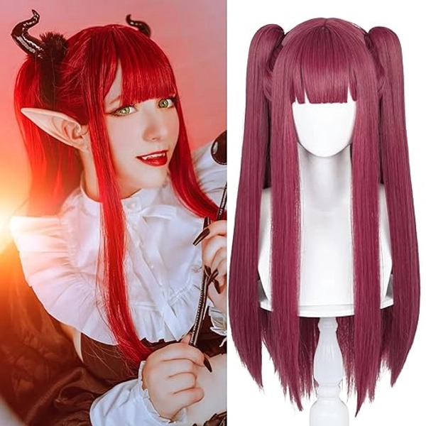LABEAUTÉ Dark Red Ponytails Wig for Women Girls Cosplay Devil Wig with Clip-on Pigtails Anime Straight Hair with Bangs for Halloween Party with Cap (Dark Red)