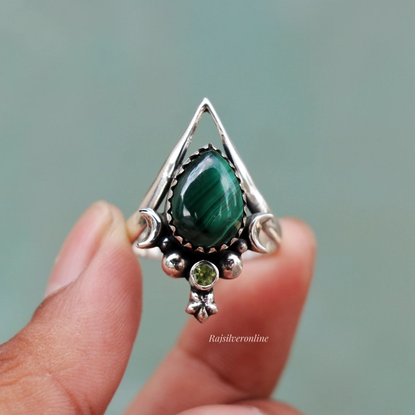 Malachite Ring, Crescent Moon Ring, 925 Sterling Silver Ring, Celestial Ring, Unique Ring, Handmade Ring, Green Stone Ring, Wedding Gift Her