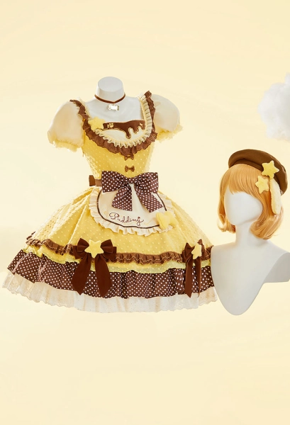Anime Doll Derivative Kawaii Lolita Anzug Gepunktetes Colorblock Kleid mit Schürze und Hut