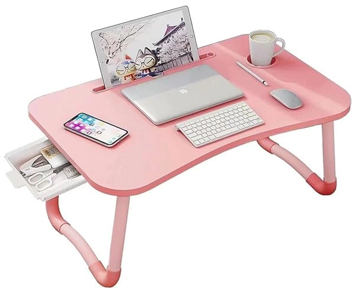 Laptop Desk Foldable Bed Table, Portable Lap Desk laptop Table with Storage Drawer and Cup Holder, Notebook Stand Reading Desk Breakfast Tray for Bed Couch Sofa Floor – Pink