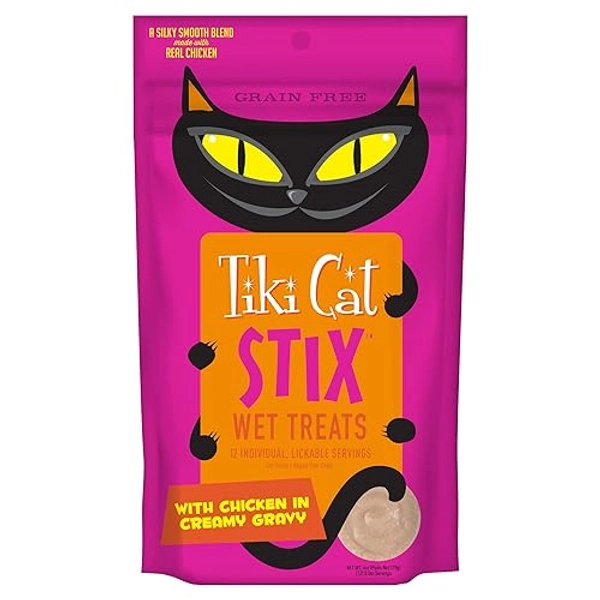 Tiki Cat Stix Mousse Treats, Single Serve Indulgent Lickable Treat or Dry Food Topper, with Chicken in Creamy Gravy, 0.5 oz. Servings (144 Count)