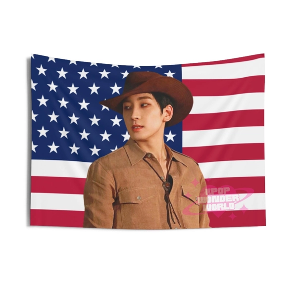 Seventeen Wonwoo America Flag Tapestry, Kpop Room Decor, Gift for Seventeen Carat Fan, Kpop Merch, Seventeen Flag, Svt Banner, Wonwoo Merch