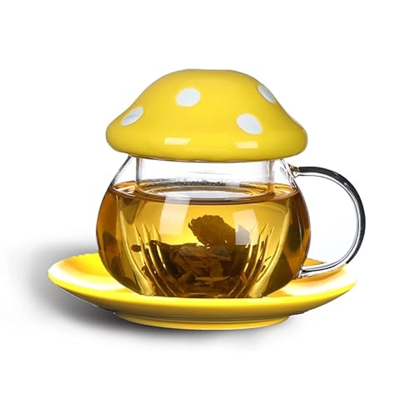 Mushroom Cup Cute Glass Tea Cup with Infuser and Lid Kawaii Mushroom Mug Set Coffee Teapot with Ceramic Coasters 11oz (Yellow)