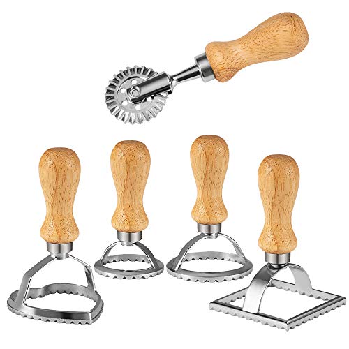 Chrider Ravioli Stamp Set (Set of 5), Ravioli Maker Cutter with Wooden Handle–for Ravioli, Pasta, Dumplings Lasagna, Pierogi, Leading Dough Cutter and Press Stamps - Square