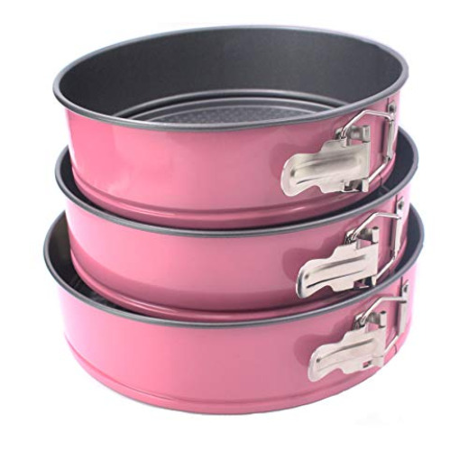 [3-Set 22-24-26 cm] Baking Springform Round Pan Set, Non-Stick Mold, Quick Release Latch, Removable Waffle Texture Bottom, Aluminum Made, Lively Pink Color