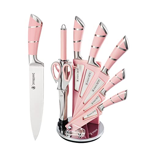 Kitchen Knife Set, Retrosohoo 9-Pieces Pink Sharp Non-Stick Coated Chef Knives Block Set,Stainless Steel Knife Set for Kitchen with Sharpener for Cutting Slicing Dicing Chopping