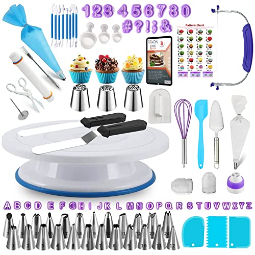 RFAQK 230PCs Cake Decorating Kit with baking supplies cake turntable, piping bags and tips, Modeling Tools, Plunger Cutters, Cake Scrappers, Pastry Bags cake decorating supplies - 230 PCs