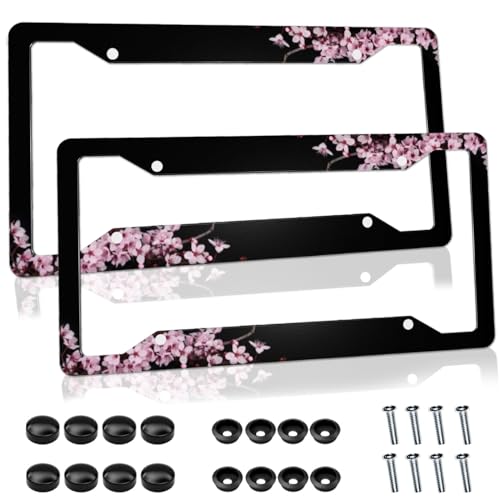 Cherry Blossoms License Plate Frame Beautiful Pink Flowers License Plate Frames Funny Auto Accessory Bracket Aluminum Metal License Plate Cover for Women Men (Set of 2, 12.3" x 6.3") - Cherry Blossom-B(2Pcs)