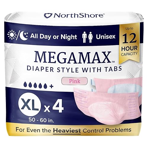 NorthShore MegaMax Adult Overnight Diapers, 12-Hour Tab-Style, X-Large, 4 Count Trial, Pink, 50-60 inches, Unisex Incontinence Underwear - Pink - X-Large, 4 Count