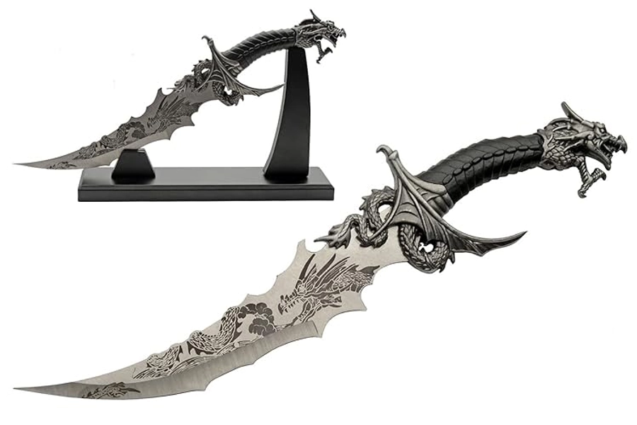 13” Decorative Fantasy Sea Dragon Dagger Collector’s Knife With Display Stand