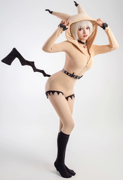 Mimiku Derivative Fluffy Hooded Bodysuit Halloween Deep V Kawaii One Piece Lingerie Rompers with Choker and Socks