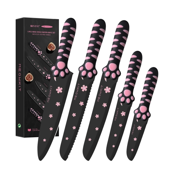 MEOWKIT 5-Piece Kitchen Knife Set – Stainless Steel Blades with Non-Stick Coating and Non-Slip Pink Handles