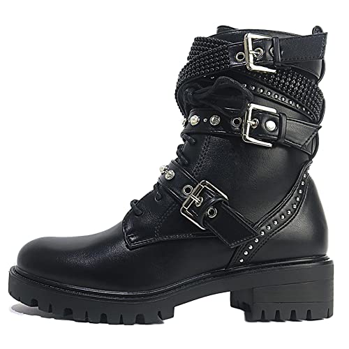 MeiLuSi Lace up Military Combat Boots for Women Fashion Chain Studded Motorcycle Ankle Booties - 8 - 4 Black