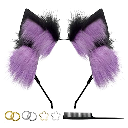 GaliaFaya Cat Wolf Fox Dog Ears Headband Handmade Faux fur Cosplay Halloween Costume Party - Black+purple