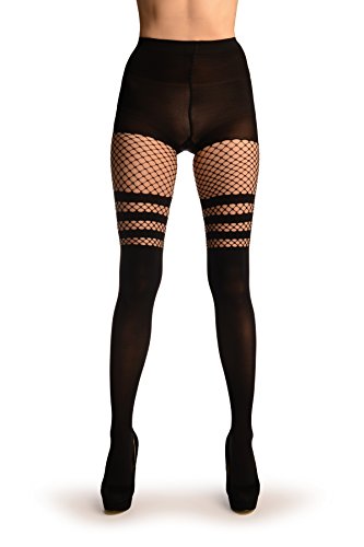 LissKiss Black Opaque With Striped Fishnet Top - Black Fishnet Tights