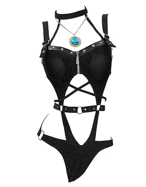 MEOWCOS Women's One Piece Swimwear Gothic Cross Chest Swimsuits Bathing Suit with Necklace and Leg Ring