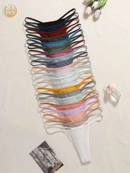 21pcs Ribbed & Ribbed Thong Panties For Women, Multi-Color