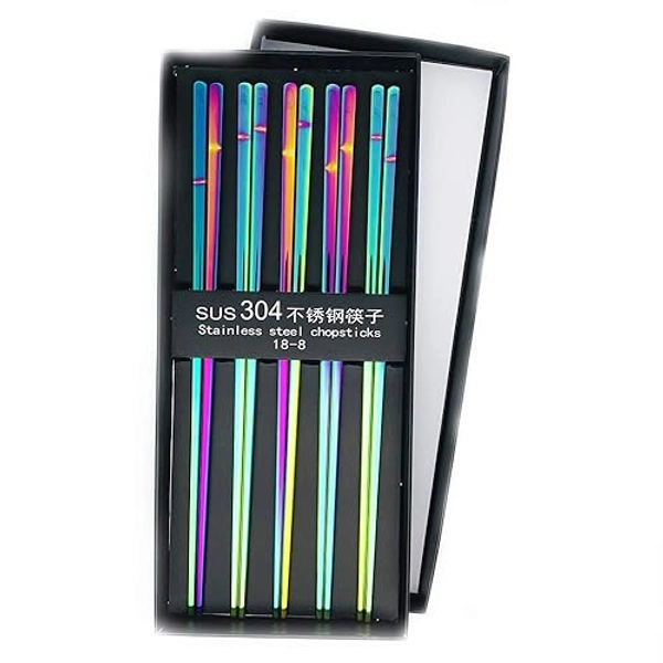 Koolemon 5pairs Polished Multicolor Rainbow 304 Stainless Steel Chopsticks Set,Metal Chopsticks Reusable, Dishwasher Safe, Traditional Chopstick,9.3inch,Chinese Japanese Chop stick