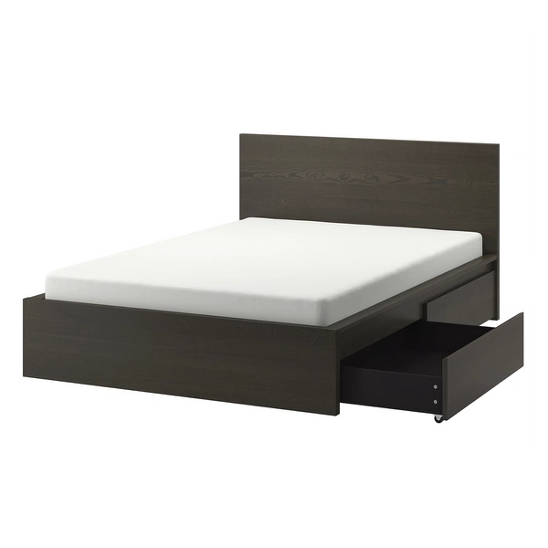 MALM High bed frame/2 storage boxes - dark brown veneer Full