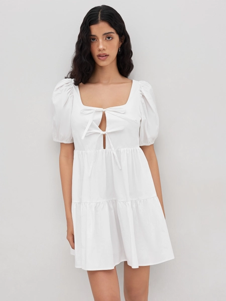 100% Cotton Tie Front Bow Smock Mini Dress