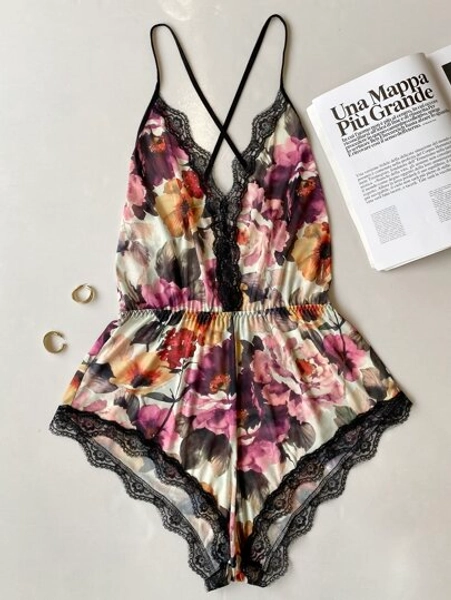 Floral Lace Trim Romper 