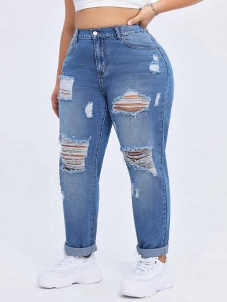 SHEIN SXY Plus Size Women's Ripped Jeans With Pockets And Rolled Hem, Casual