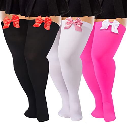 Moon Wood 3 Pairs Women Plus Size Bow Thigh Highs Stockings Opaque Over the Knee Socks for Valentine's Day Dress Daily Favors - One Size Plus - White & Black & Pink