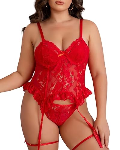 FANCMISTERY Plus Size Lingerie for Curvy Women Lace Corset with Adjustable Straps and Garter Details Sleepwear - Red - XX-Large