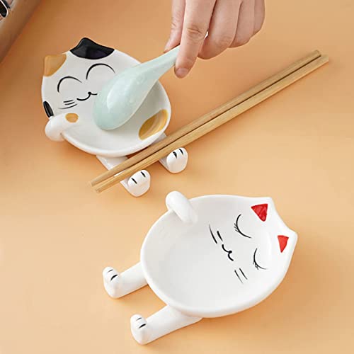 2 PCS Farmhouse Spoon Rest for Kitchen Counter, Cute Cat Multifunction White Ceramic Spoon Rest,Modern Spoon Rest Holder for Stove Top Modern Spatula Utensil Rest, Pot Lid Rack Chopstick Fork Ladle Holder Japanese Style Kitchen Tableware Organizer for Home Kitchen Dinner Table Decor