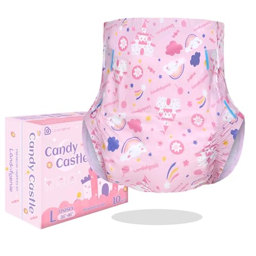 Landofgenie Diaper Adult Printed Diaper Incontinence Underwear Large Overnight Diapers With Tabs 10 Pieces (Large 36"- 46") - Pink - Large