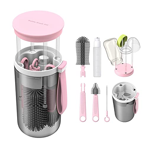 6 in 1 Baby Bottle Brush Set, Bottle Cleaner Kit with Silicone Bottle Brush, Nipple Brush, Straw Cleaning Brush, Soap Dispenser, Baby Bottle Drying Rack for Travel and Home Use- Pink - Pink