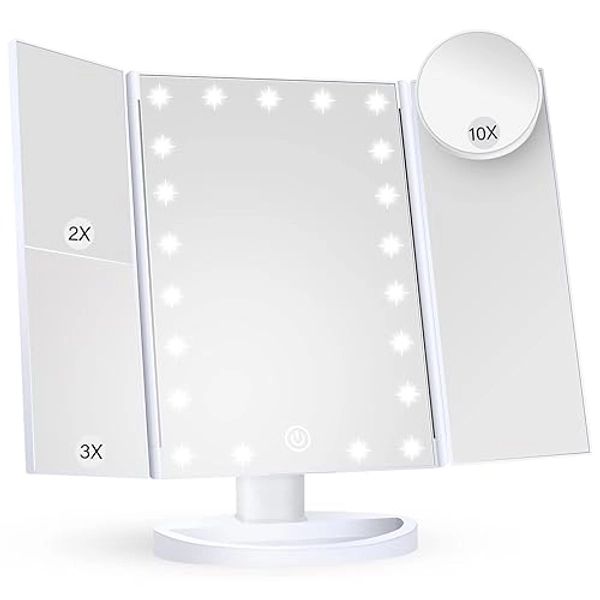 HUONUL Makeup Mirror Vanity Mirror with Lights, 2X 3X 10X Magnification, Lighted Makeup Mirror, Touch Control, Trifold Makeup Mirror, Dual Power Supply, Portable LED Makeup Mirror, Women Gift (White)